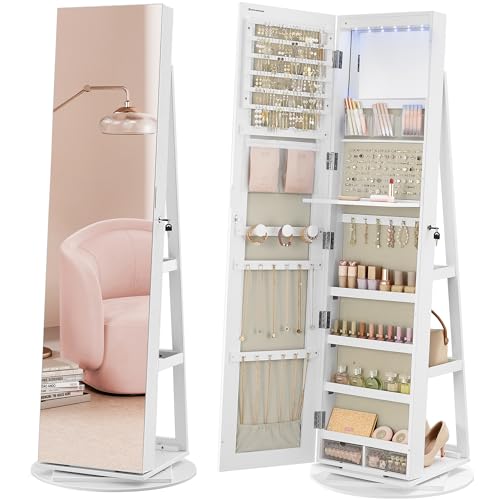 Image of SONGMICS 6 LEDs Mirror Jewelry Cabinet Organizer, 360 Swivel, Lockable