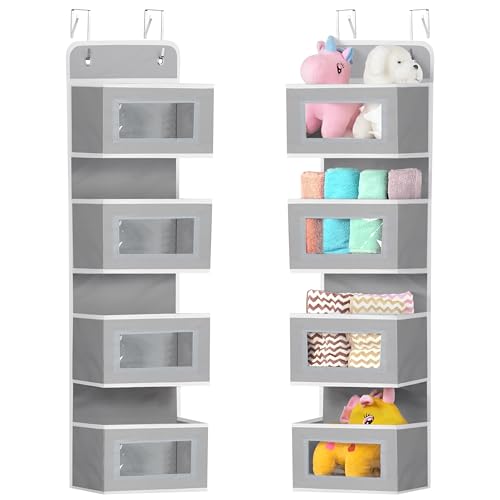 Winter Shore Organizador Puerta Colgante Gris con 4 Cestas- Organizador Colgante Armario Dormitorio, Baño - Bolsillos con Ventanas Transparentes para Productos del Hogar y Juguetes - 32 x 11 x 99 cm