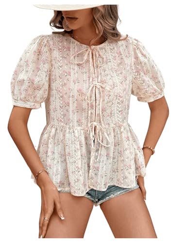 WDIRARA Women's Floral Print Bow Tie Front Blouse Puff Short Sleeve Round Neck Peplum Babydoll Shirt