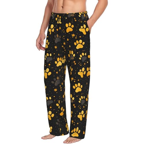 Mens Pajama Pants - Golden Dog Paw Print Soft Sleep Lounge Pants For Men, Casual Pj Bottoms With Pockets