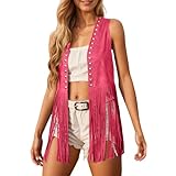 Disfraz Hippie Mujer Chaleco de Flecos para Mujer Ante Sintético con Borlas Chalecos Cowboy del Oeste sin Mangas Chaqueta de Punto Estilo Bohemio Occidental CáRdigan de Los Años 70 Chaqueta con Flecos