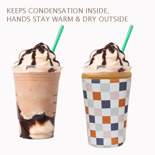 Image of Reusable Insulated Neoprene Iced Coffee Cup Sleeve, Durable Drink Sleeve for Cold Beverages, Beverage Holder for Iced Coffee (Muted Grid)
