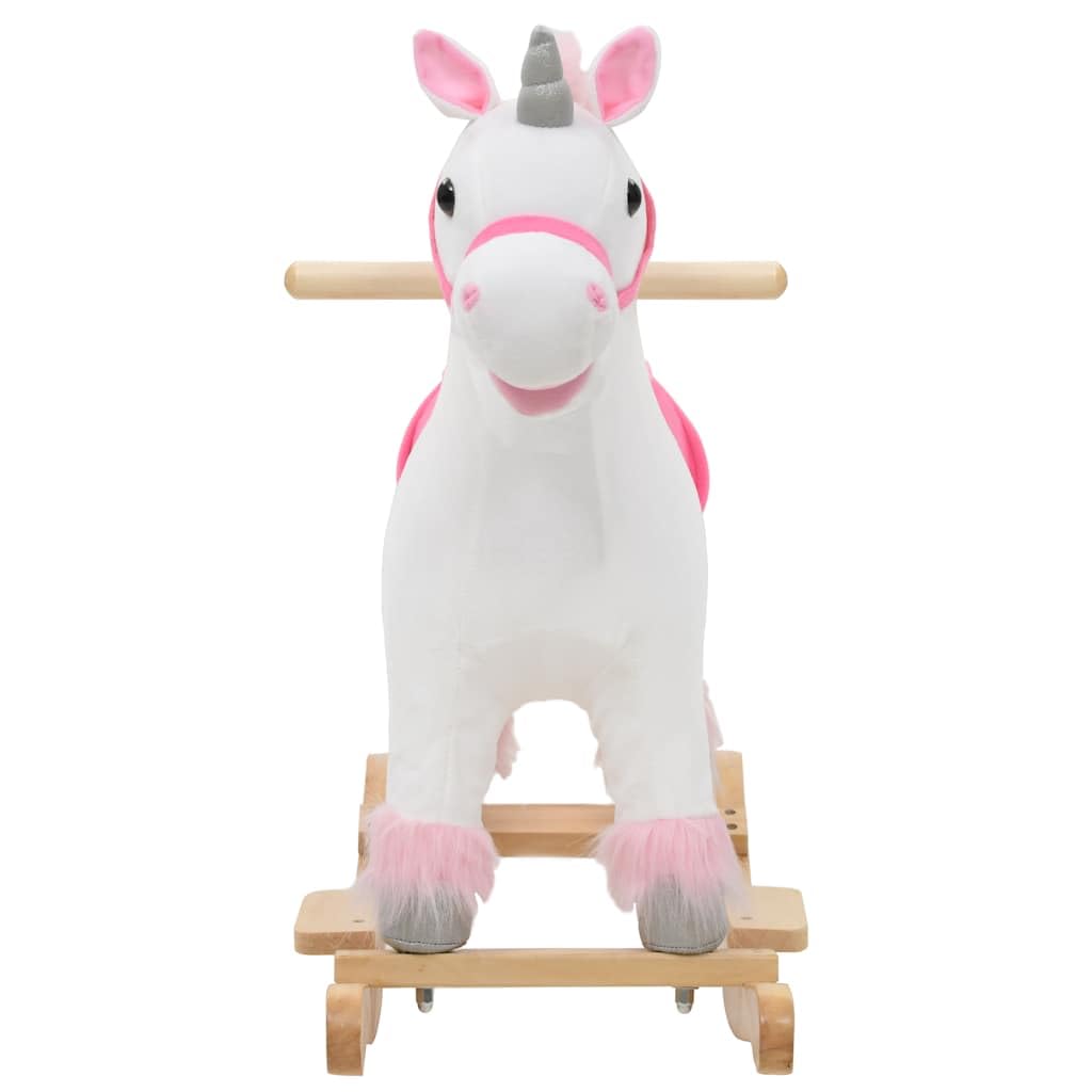 Schaukeltier Einhorn Plüsch Weiß und Rosa mit Holzsockel 65x32x58 cm für Kinder ab 24 Monaten, Schaukelpferd Reittier mit stabilem Metallrahmen und weicher Polsterung