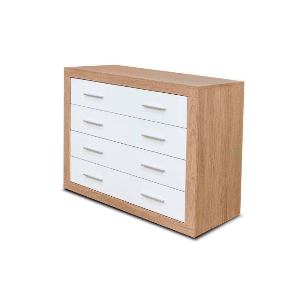 Set Completo de Dormitorio Kiara: Cabecero de Matrimonio, 2 Mesitas de Noche y Cómoda de 4 Cajones - Diseño Moderno y Elegante en Blanco y Cambria, Almacenamiento Funcional