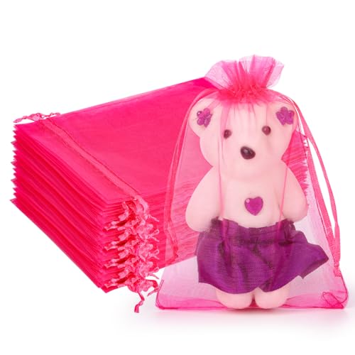 Image of Hopttreely 100pcs Organza Bags, Hot Pink Mesh Drawstring Gift Bags, 4x6inch Jewelry Pouches Small Sachet for Christmas Candy Party Favor
