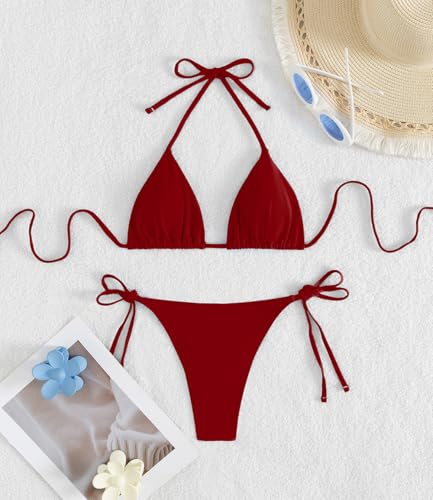 Image of Tainehs Women's Sexy Halter Thong Bikini Tie Two Sides Bottom Triangle Bikini Swimsuits