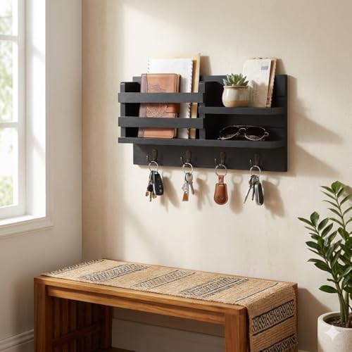 Image of Key Holder for Wall with Mail Shelf & 4 Hooks | Engineered Wood (Blackk, Elegant Mail Organizer - 35.5 x 9 x 23 cm)