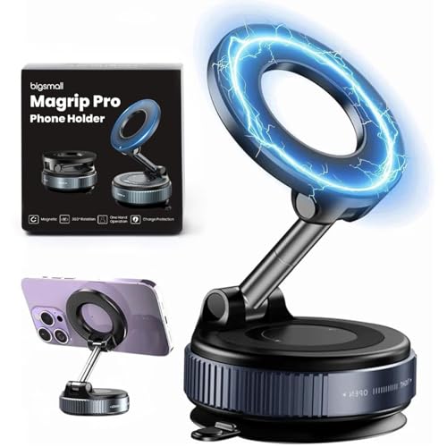 Image of Bigsmall Pro Magnetic Car Phone Holder | 360 Rotation | Adjustable Arm | Strong Suction Mount for Dashboard | Android, iPhone and Laptop Compatible | Universal Mobile Holder (Black, Single)