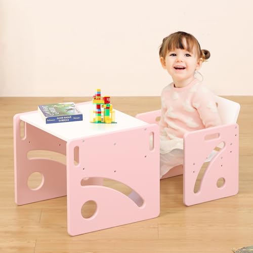 FUNLIO Montessori Weaning Table and Chair Set for Toddlers Age 1-3, Height Adjustable Toddler Table and Chair Set, Cube Kids Table Chair for Reading/Eating/Playing, Easy to Assemble - Pink