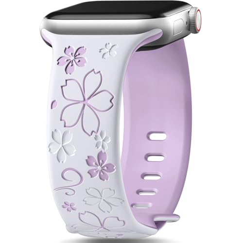 Floral Engraved Band Compatible with Apple Watch Bands for Women 40mm 41mm 42mm 38mm 44mm 45mm 46mm, Soft Silicone Cute TwoTone Flower Sport Strap for iWatch Series 11 10 9 SE 3 8 7 6 5 4 2
