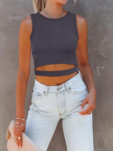 Image of ANRABESS Women Tank Tops High Neck Sleeveless Sexy Cutout Racer Back Going Out Crop Tops Shirts Summer Y2K Outfits