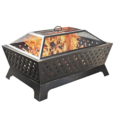 Sophia & William Outdoor Wood Burning Fire Pit Rectangle 33.9" Lx24.0 Wx12.6 H Heavy Duty,Large Patio Steel Bonfire BBQ Grill Firepit with Mesh Spark Lid and Fire Poker for Outside Backyark, Bronze