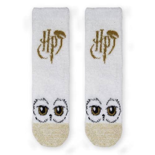 Image of Harry Potter Hedwig Owl Ladies Fluffy Cosy Socks, White, HP Logo Design