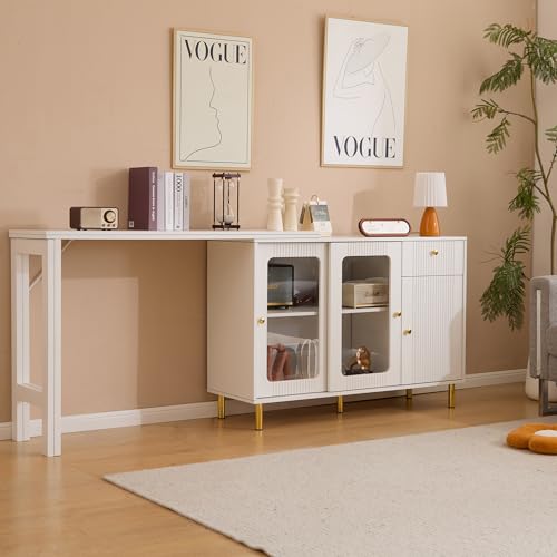 Aparador blanco moderno buffet creativo con mesa extensible plegable, patas metálicas doradas, puertas correderas de cristal, estantes ajustables y diseño multifuncional, armario de comedor con patrón