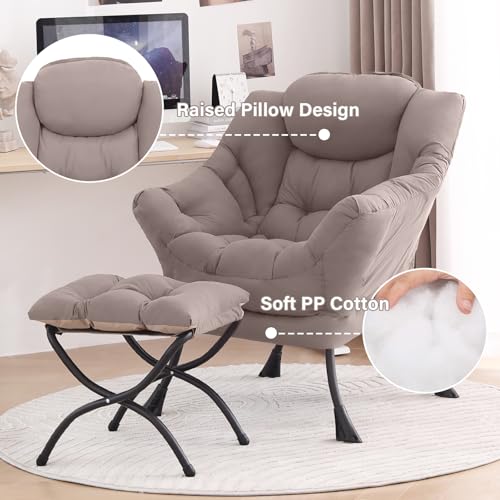 Image of Tiita Modern Large Accent Chair with Ottoman, Comfy Leisure Sofa Armchair with Footrest, Reading Chair for Bedroom, Living Room, Dorm Rooms, Khaki