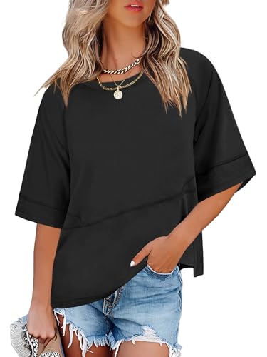 ANRABESS Womens Tops Crewneck Half Sleeve Loose Fit T Shirts Solid Cute Flowy Shirts Summer Casual Tees 2025 Trendy Outfits