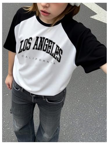 SweatyRocks Girl's Color Block Letter Graphic T Shirts Oversized Short Sleeve Crew Neck Tees4