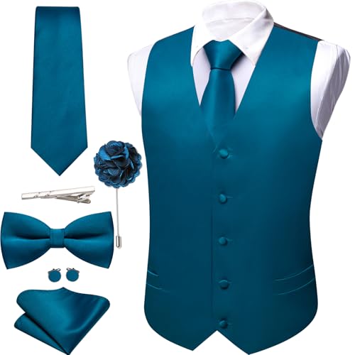 Image of Barry.Wang Men's Suit Vest Tie Bowtie Set Formal Silk Paisley Waistcoat Hanky Cufflinks Lapel Pin Set Wedding Party 7PCS