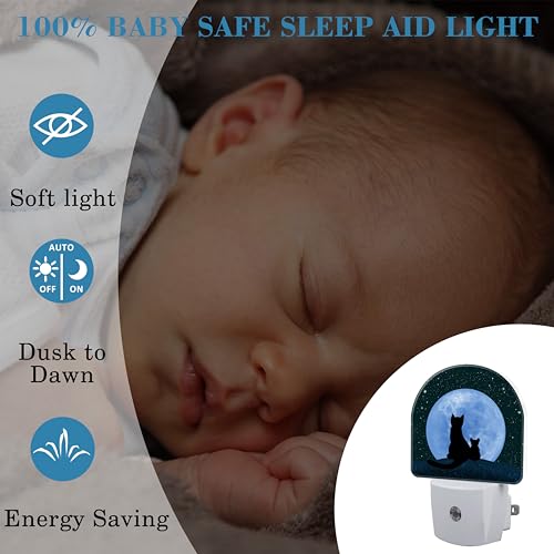 Image of Plug in Night Lights Cat and Mouse Looking Moon Nightlight Plug Into Wall Dusk to Dawn Sensor LED Night Light for Kid Girls Boys Women Room Decor, Hallway, Kitchen, Bathroom, Nursery, Stairs