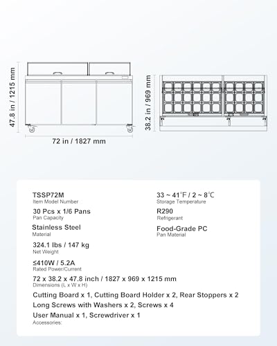 Image of VEVOR 72 inchW Commercial Refrigerator, 18.7 Cu. Ft Sandwich Prep Refrigerated Table, Mega Top Food Prep Fridge with 30 Pans and Cutting Board, Stainless Steel Salad Prep Cooler for Restaurant, Food Truck