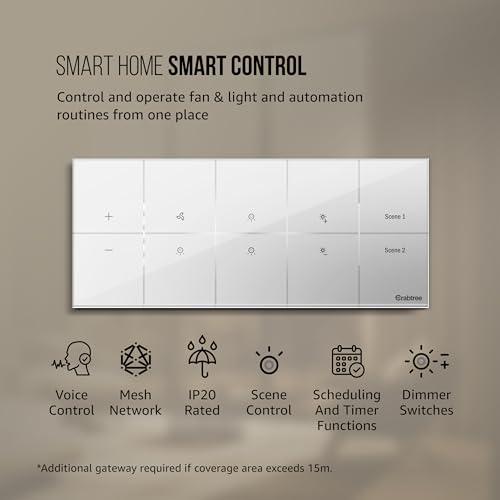 Image of Havells Crabtree iSense Smart Monoblock Touch Panel with1 Fan, 3 ON /OFF Switch, 1 Dimmer, 2 scene (White) I Compatible with 6M Gang Box I Mesh connectivity I Compatible with Alexa, Google Home