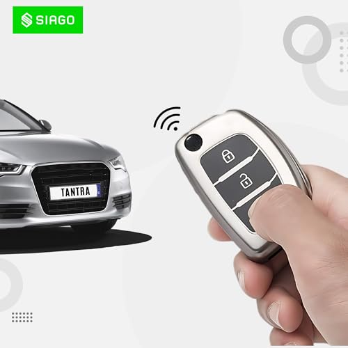 Image of SIAGO TPU Key Cover and Metal Keychain Compatible for Hyundai i 20, Xcent,Verna Flude 3 Button Flip Smart Key Cover (Grey Pack of 2)