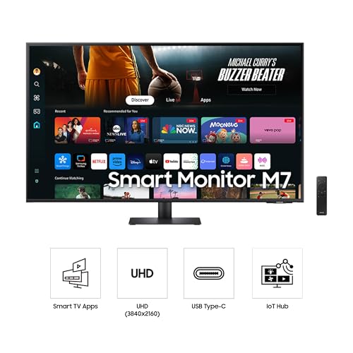 SAMSUNG 43-Inch M7 (M70D) Series 4K UHD Smart Monitor, Speakers, HDR10, USB-C, Multiple Ports, Gaming Hub, SolarCell Remote, Vision Accessibility Tools, LS43DM702UNXGO, Black by Samsung - Image 2