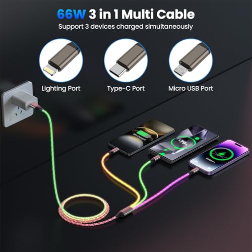 Cable múltiple de 66W con luz LED dinámica para carga rápida de iPad Pro y móviles Android 5