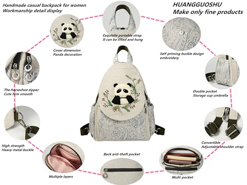 Image of Small Canvas Backpack, Retro Boho Washed Hippie for Women Daily Commute (Panda Decorations)