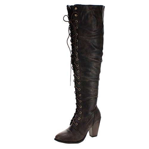 Forever Women's Knee-High Lace-Up Boot Camila-48 Brown Pu Pu 10