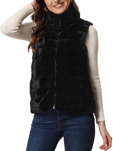 Allegra K Faux Fur Vest for Women's Zip-Up Sleeveless Fur Jacket X-Large Black