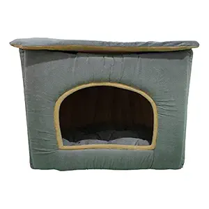 Hiputee Foldable D Shape Velvet Fabric Dual Colour House/Hut for Dogs & Cats Length 20 inch Width 16 inch Height 16 inch (Small, Grey-Cream)