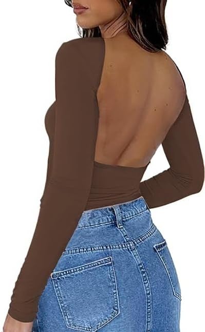 ForeFair Women Sexy Backless Short Sleeve Slim Fit Crewneck Summer Casual Y2K Crop Tee