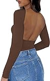 ForeFair Women Sexy Long Sleeve Backless Going Out Top Slim Fit Crewneck Cut Out Casual Y2K Tshirt(A Coffee,M)