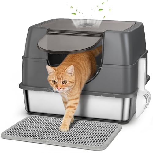 Stainless Steel Litter Box with Lid, Side Entry Large Enclosed Cat Litterbox for Kitty & Multi-Cat, Flip Cover Easy to Clean, High Sided Metal Cat Litter Pan with Scoop, Mat, Anti-Leakage, Non-Sticky