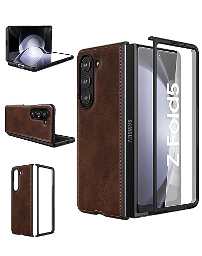Foluu for Samsung Galaxy Z Fold 5 Case, with Front Built-in Screen Protector, Ultra Thin Slim PU Leather + Hard PC Durable Protective Phone Cover for Samsung Galaxy Z Fold5 5G 2023 (Brown)