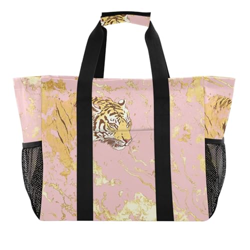 Rose Golden Tigers Utility Totes Reuseable Shopping Bags Foldable Tote Bag For Beach With Pockets Canvas Canvas Laundry Carryall