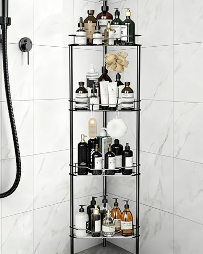 Lista de Estantes para ducha comprados en linea. 41 JEECOLI Esquinero para Baño Metal 4 Niveles AntiÓxido – Organizador de Piso para Ducha con Cojines Adhesivos y Ganchos, Ideal para Baños/Cocinas/Hoteles (Negro)