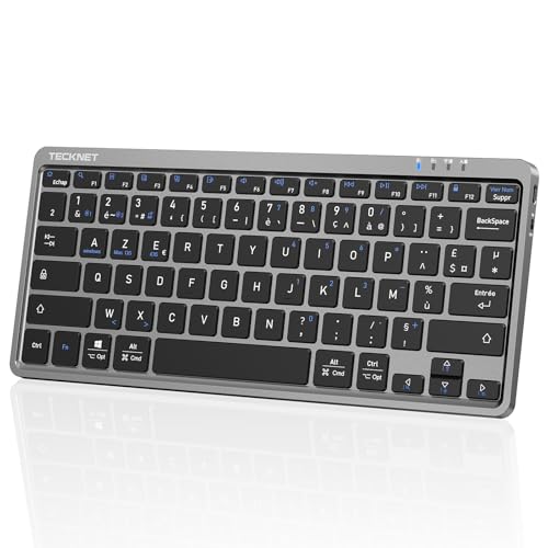 TECKNET Clavier sans Fil Bluetooth pour 3 Appareils (BT5.1/5.1+2.4GHz), France AZERTY Mini Clavier Rechargeable, 18 Raccourcis Multimédias, Clavier Silencieux...
