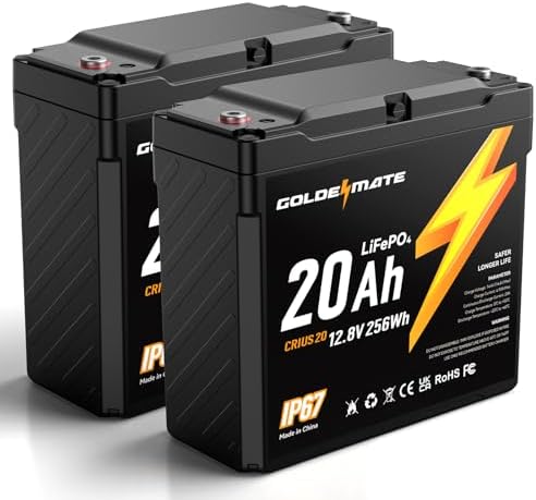 GOLDENMATE 12V 20Ah LiFePO4 Battery(2 Packs), IP67 Waterproof, 12...
