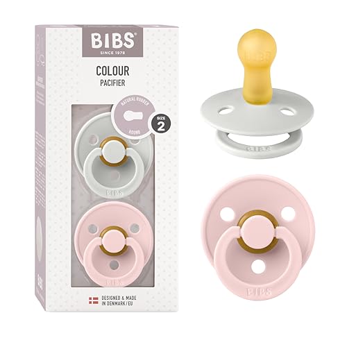 Image of BIBS Pacifiers Colour Collection, Set of 2 BPA-Free Baby Pacifiers with Round Natural Latex Nipple, Made in Europe, 6+ Months (Pack of 2), Blossom /Haze
