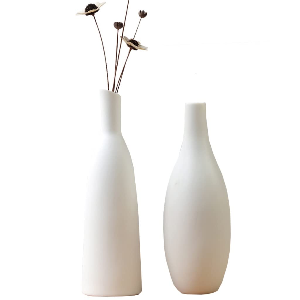 DUNAKE Weiß Blumenvase Set, Keramik Vase Modern, Tonvase 2er Set, Deko Vase Ornamente Für Wohnzimmer, Bauernvase Rustikal Für Pampasgras, Schlafzimmer Und Kaminsims (Color : A+B)