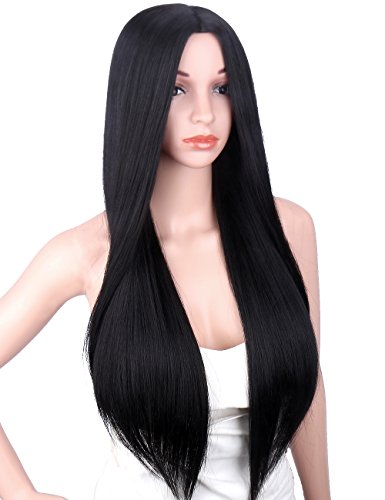 Kalyss 26 inches Long Silky Straight Yaki Heat Resistant Synthetic Black Hair Wigs for Women Middle Parting None Lace front Hair Replacement Wig