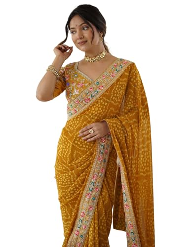 Image of SIRIL Women's Georgette Bandhani Printed Saree with Unstitched Blouse Piece