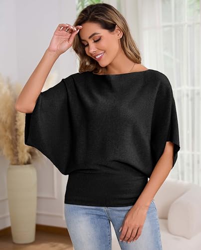 Image of MAKARTHY Womens Batwing Sleeves Knitted Dolman Pullovers Boat Neck Tops Sweatershirts