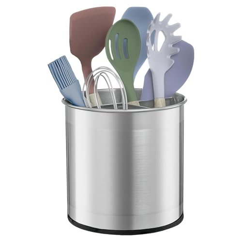 Soporte giratorio de acero inoxidable para utensilios de 360°, 3 compartimentos con divisor extraíble para una fácil limpieza, soporte para cubiertos de cocina para encimera
