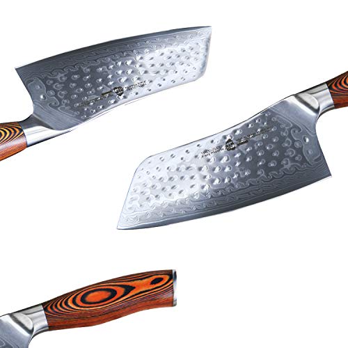 Image of TUO Cutlery Cleaver Knife - Japanese AUS-10 Damascus Steel Hammered Finish - Chinese Chef's Knife for Meat and Vegetable with Ergonomic Pakkawood Handle - 7 inch - Fiery Phoenix Series