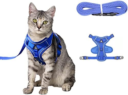 Amogato Cat Harness and Leash Set-Outdoor Walking Escape Safety Cat Vest, Adjustable Soft Kitty Vest, with Cat Reflective Strip, M,Blue