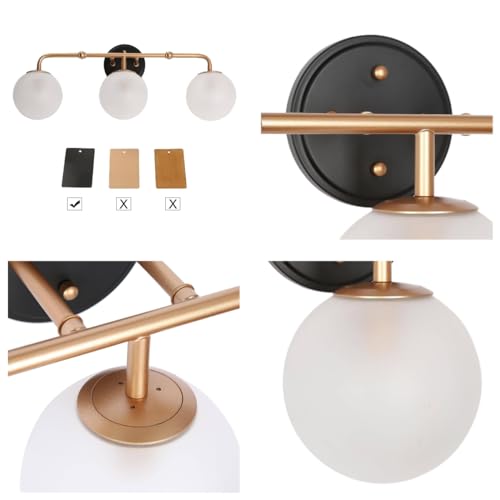 Image of KSANA Bathroom Light Fixtures, 3-Light Black and Gold Vanity Lights with White Frosted Glass Shade, 24.5-inch Modern Bathroom Lighting Over Mirror