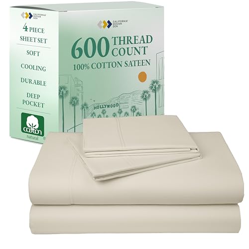 California Design Den Queen Size Sheet Set - Luxury 600 Thread Count Sateen, 100% Cotton Sheets, Deep Pockets, All Around Elastic for a Snug Fit, Hotel Quality Bedding Set - Ivory (Creamy Beige Tone)
